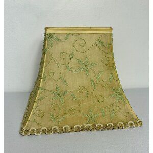 Vintage Floral Embroidered Beaded Lamp Shade Bell Square in Green/Gold